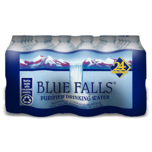 “Pallet of 84 cases of Blue Falls bottled water with recyclable packaging.”